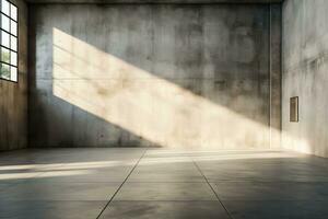 An ai-generated illustration of an empty room with concrete walls a grey floor and soft skylight photo