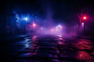 Dark empty street with neon lights spotlights and smoke floating up creating an atmospheric night view photo