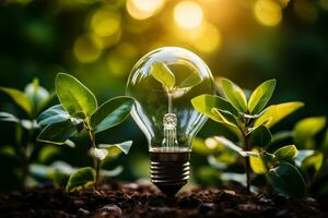 Green natural background with a light bulb filled with green leaves and a tree photo