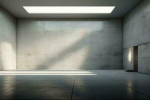 An ai-generated illustration of an empty room with concrete walls a grey floor and soft skylight photo