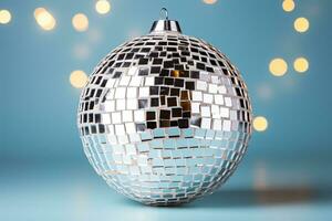 A large silver ball for disco parties that reflects light and creates a festive atmosphere photo