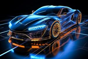 Custom LED lit futuristic sports car intersecting with wireframe in a 3D illustration photo