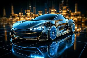 Custom LED lit futuristic sports car intersecting with wireframe in a 3D illustration photo