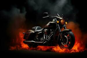 Side view 3D illustration of black motorcycle on dark background emitting smoke photo