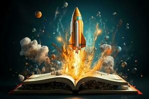 Rocket launches from an open book spaceship lifts off from a dictionary illustrating successful startup and education with AI generative creativity photo