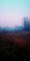 Gloomy Meadow, A dark and foreboding meadow landscape with a thick and colorful fog AI Generated photo