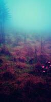 Gloomy Meadow, A dark and foreboding meadow landscape with a thick and colorful fog AI Generated photo