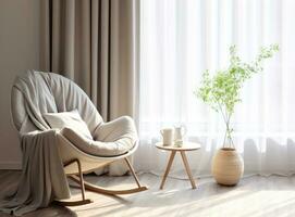 moderno interior con un silla, en el estilo de ligero gris y ligero beige foto