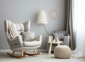 Modern interior with a chair, in the style of light gray and light beige photo