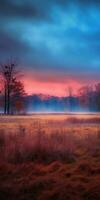 Gloomy Meadow, A dark and foreboding meadow landscape with a thick and colorful fog AI Generated photo