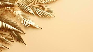 Gold colored tropical palm leaves on beige background AI Generated photo