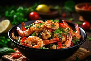 A bowl of shrimp with a bowl of spinach and tomatoes photo