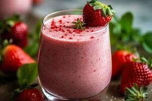 Appetizing homemade strawberry smoothie in glass, Generative AI photo