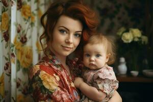 Young mother with cute girl baby. Generate Ai photo