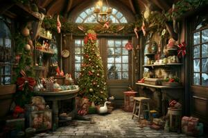 Indoor christmas shop interior shelf. Generate Ai photo