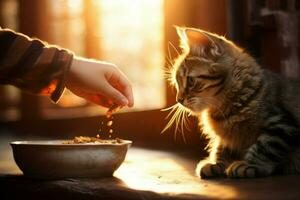 Owner feeding cute cat. Generate Ai photo