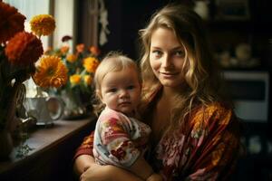 joven madre rubia con linda bebé. generar ai foto