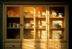 ligero de madera gabinete lleno de platos. generar ai foto