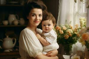 joven madre con linda bebé foto retrato. generar ai