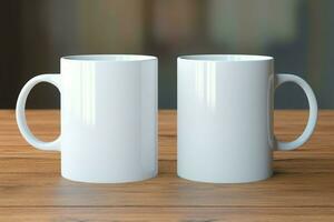 White mugs on wooden table. Generate Ai photo