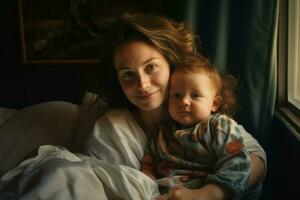 joven madre con linda bebé en dormitorio. generar ai foto