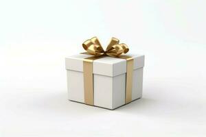 regalo caja blanco Bosquejo con oro cinta. generar ai foto