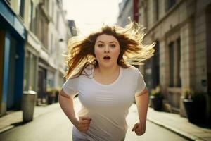 Overweight girl run in the street at morning. Generate Ai photo