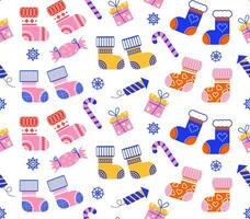 Seamless pattern with New Year's socks. Vector illustration of New Year's socks in a flat style. Multi-colored socks with ornaments. New Year's print.