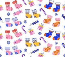 Seamless pattern with New Year's socks. Vector illustration of New Year's socks in a flat style. Multi-colored socks with ornaments. New Year's print.