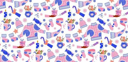 Seamless pattern of New Year's clothes. Vector background with New Year elements in flat style.