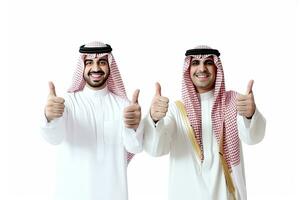 3d Arab Twin business men holding thumb sign Generative AI photo