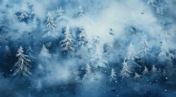 Frozen winter forest in the fog with mountains photo
