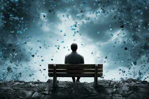 A man sitting on the bench with many thoughts photo