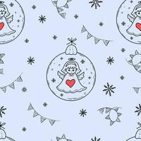 Seamless new year pattern with Christmas ball with cute angel on blue background with garlands and snowflakes. Vector illustration. outline hand drawing. Cute Xmas kids collection.