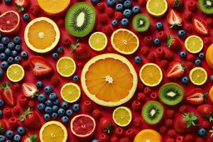 Creative flat lay composition of various fruits, Generative AI photo