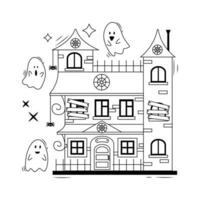 Set of cartoon Halloween elements. Old scary house with spiders and ghosts. Line art. vector