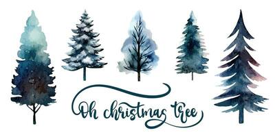 Set of watercolor forest trees with simply oh christmas tree lettering. Vector illustration with cold colors. Use it for banner, backdrop for cards, invitations, web, social media, advertising, design