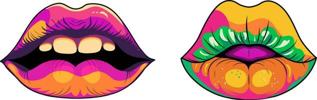 Lips drawn in hippie style. Retro aesthetics of the 70s.Vector psychedelic style. vector