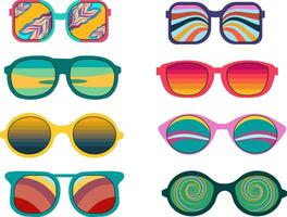 conjunto de geométrico resumen gafas de sol.70s retro hippie estilo.vibraciones miedoso los anteojos con deco elementos.vintage nostalgia psicodélico elementos. vector