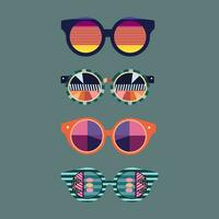 Set of geometric abstract sunglasses.70s retro hippie style.Vibes funky eyeglasses with deco elements.Vintage nostalgia psychedelic elements. vector