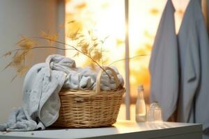 Basket of clean and towels placed in a laundry room photo