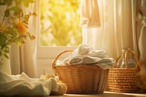 Basket of clean and towels placed in a laundry room photo