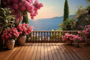 Empty wooden floor with pink flowers photo