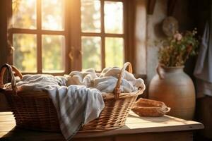 Basket of clean and towels placed in a laundry room photo