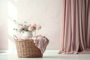 Laundry basket on top of a white table photo
