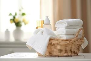 Basket of clean and towels placed in a laundry room photo
