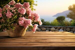 Empty wooden floor with pink flowers photo