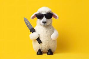 3d minimalist Sheep in sunglasses with knife over yellow bg Travel concept AI Generated photo