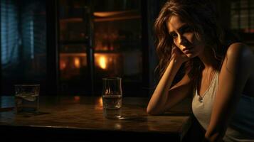 Female alcoholism. Silent struggle of woman battling alcoholism. Young woman sits at a table near a glass with an alcohol. Sadness, suffering emotions in the eyes of a woman addiction AI generated photo