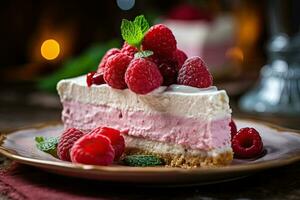 Slice of raspberry cheesecake on a plate, AI Generated photo